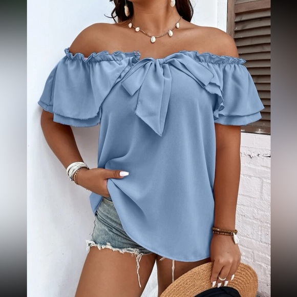 Luxe plus size black off shoulder tie front frill trim blouse - Picture 10 of 15